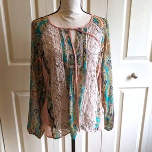 Meadow Rue blouse with lace and blue, green, coral, white, teal and orange